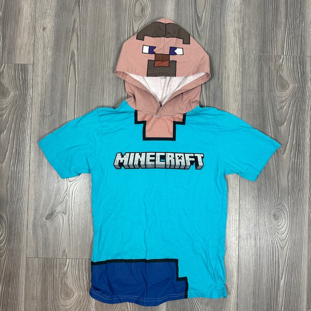 Boy's Minecraft Steve Character Hooded Short Sleeve Shirt - SIZE 10/12